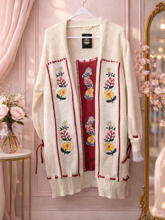 POL Sweaters - POL Cream and Red Floral Embroidered Knit Cardigan